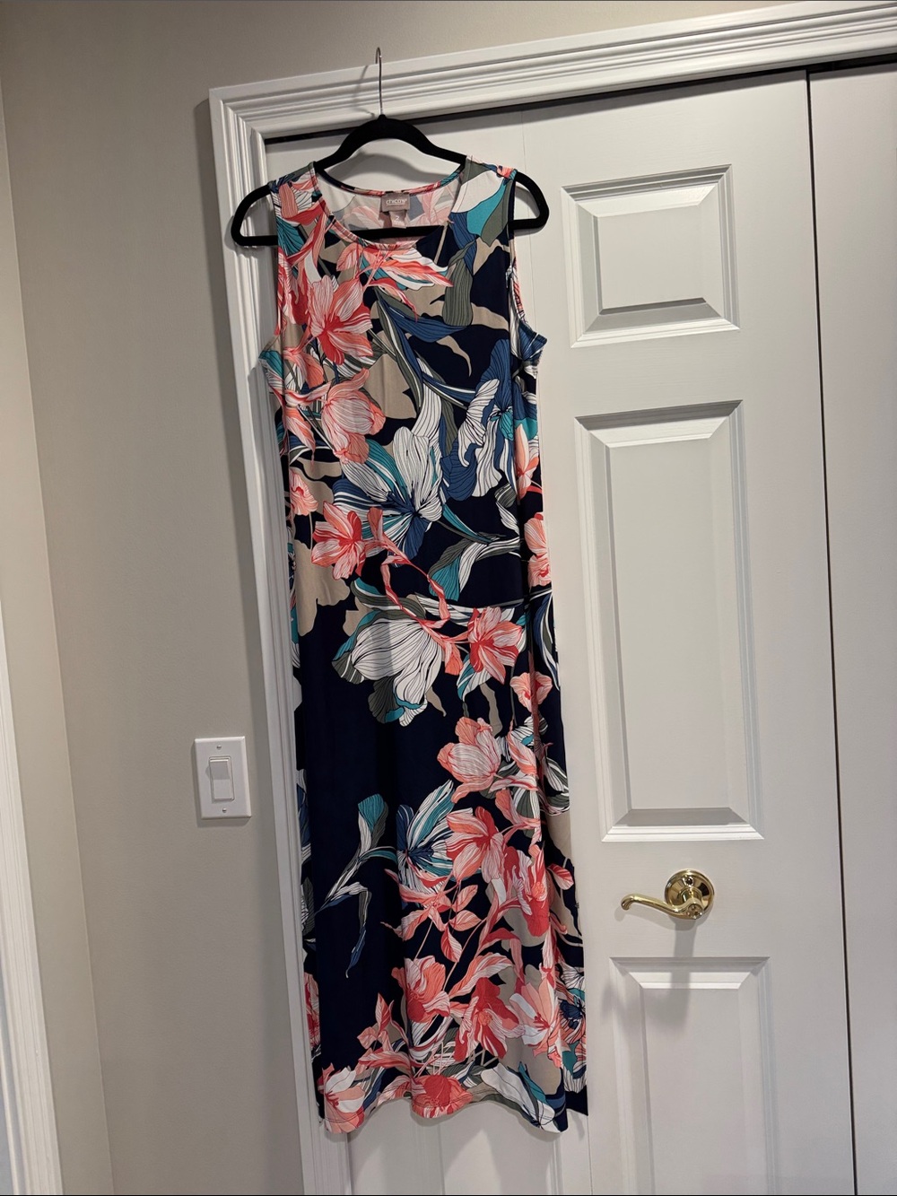 Chico's Navy Maxi Dress with Coral & Teal Floral Print
